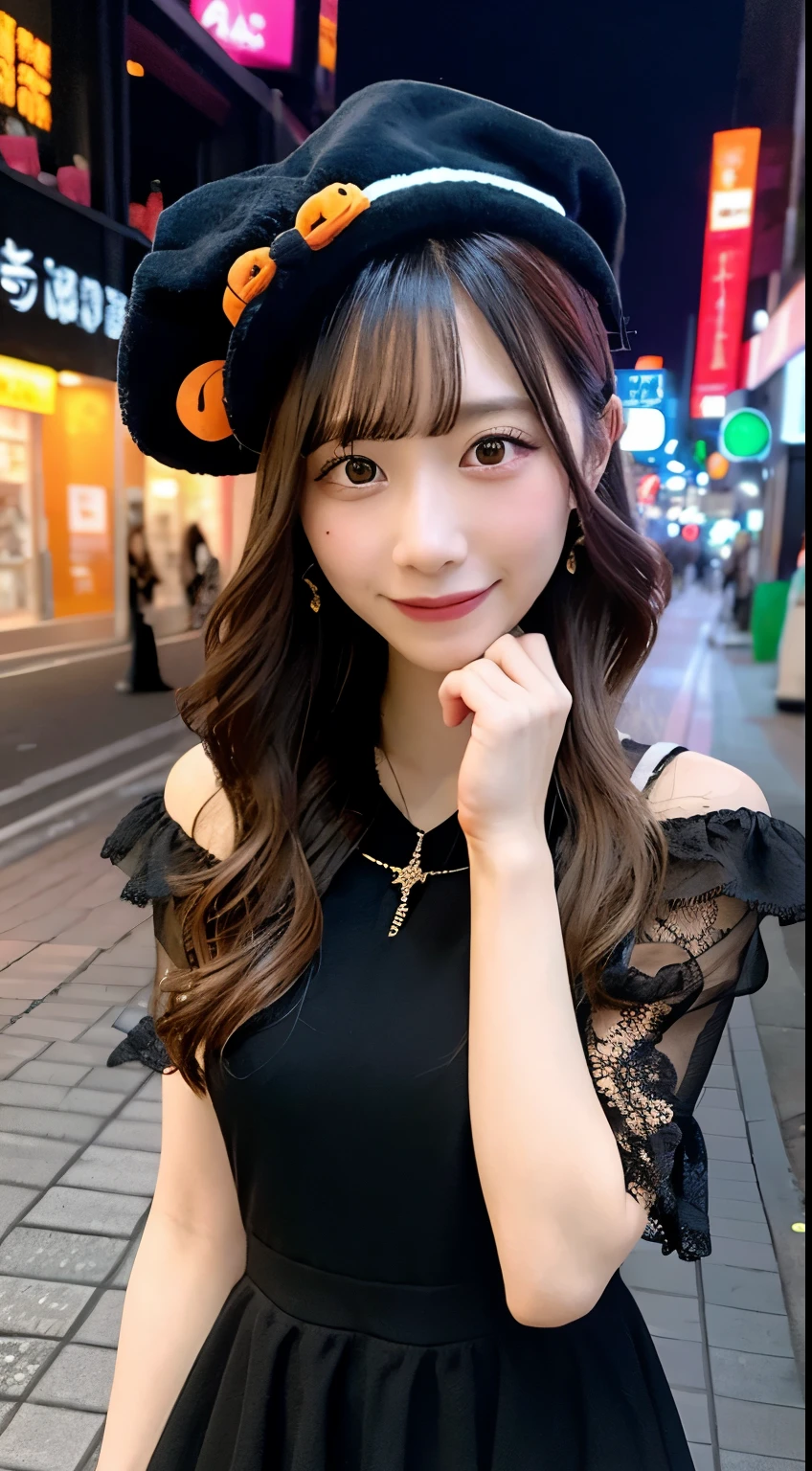 high quality, 最high quality, masterpiece, Very fine、beautifully、detailed, Professional photos, Proper Lighting,
Very beautiful girl, Beautiful Face, Face Tattoos,
Halloween Costumes, Black short dress, Black witch hat, Orange Accessories,
smile, Laughter, Blushed, (thin, Pale skin,:0.8)
Very straight medium hair with single blades,
(Bokeh, Dynamic Angle, city, on the road, Midnight, Shibuya Ward,:0.8)