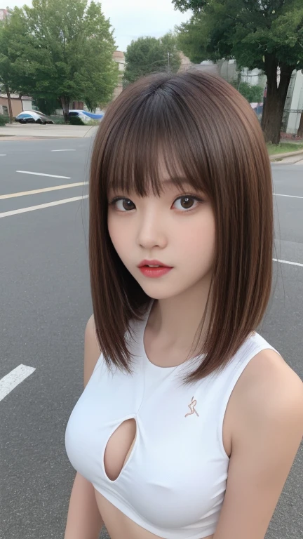 Tabletop, Highest quality, One Girl, (beautiful girl:1.3), (20-year-old:1.2), Very fine grain definition, (Symmetrical eyes:1.3), Browsing Caution, (cute sleeveless:1.3), Beautiful breasts, Brown eyes, Parted bangs, Brown Hair, Upper teeth、Background Outdoor