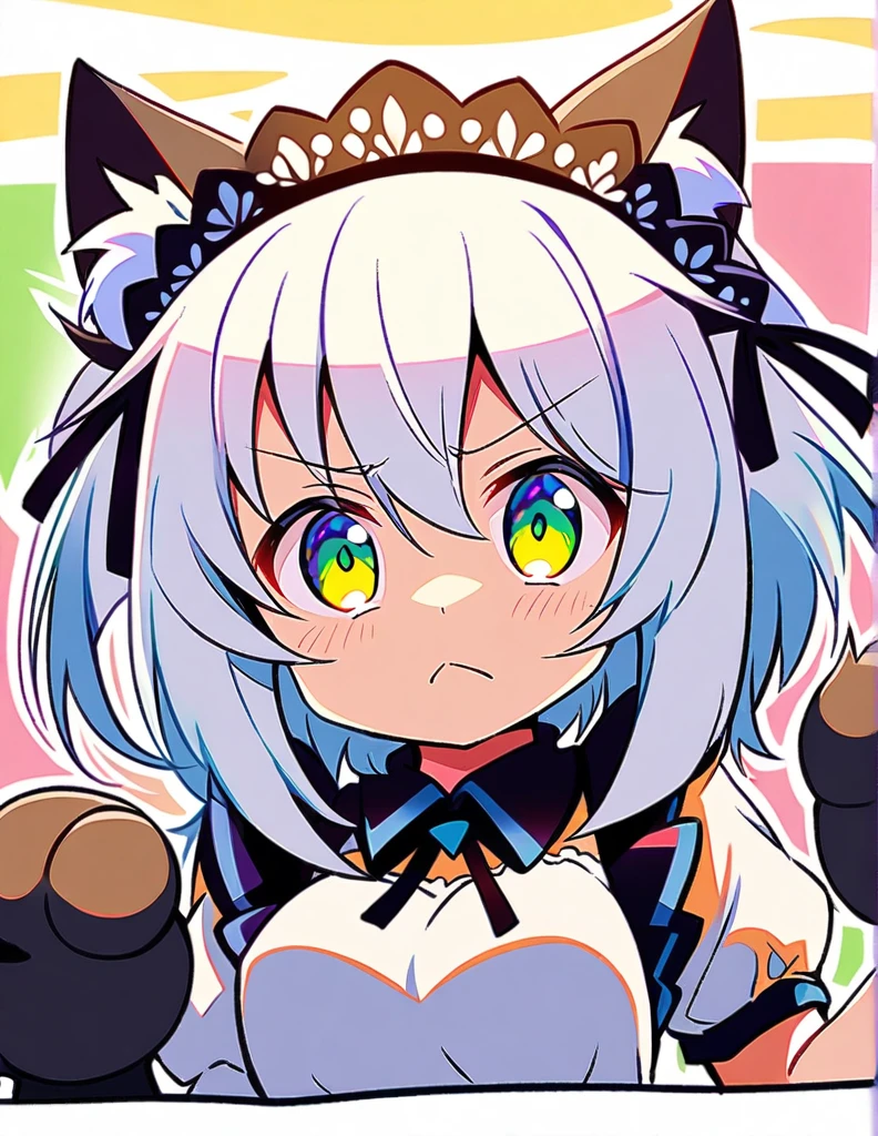 1girl, cute catgirl, white hair, cat ears, black cat paw gloves, cute, meowing expression, confident look, maid dress, best quality, anime manga style, vibrant colors, soft lighting. The scene must remember the funny anime scenes where the girl puts on gloves in the shape of a cat's paw and cat ears and a cat's tail to seduce the unlucky protagonist, lascivious and seductive look, like in "don't stress me nagatoro". Digital art ultradetailed, as if it is an official anime