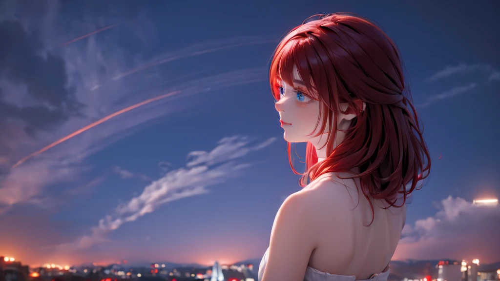 1 Girl , Girl medium light Red hair, light blue eyes, wearing black suit 4D, night town , 18+ , high res, ultrasharp, 8K, masterpiece, looking from behind