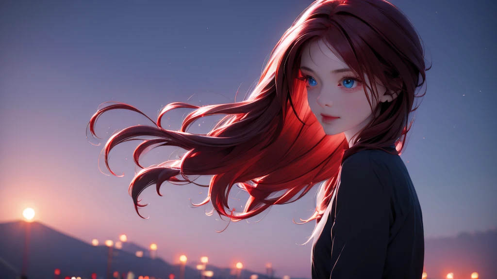 1 Girl , Girl medium light Red hair, light blue eyes, wearing black suit 4D, night town , 18+ , high res, ultrasharp, 8K, masterpiece, looking from behind