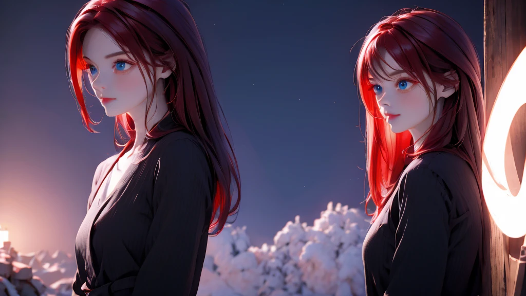 1 Girl , Girl medium light Red hair, light blue eyes, wearing black suit 4D, night town , 18+ , high res, ultrasharp, 8K, masterpiece, looking from behind