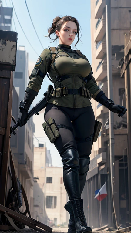 Kat Dennings as Israel military woman, beautiful, beautiful face, realistic face, beautiful hazel eyes, brunette hair bun hairstyle, puffy lips, slim athletic body, perfect breasts, round ass, thick thighs, israel military uniform, tactical gear, tactical gloves, black combat boots, tight pants, destroyed building in background, tight fit full outfit, head to toe, armored vehicle