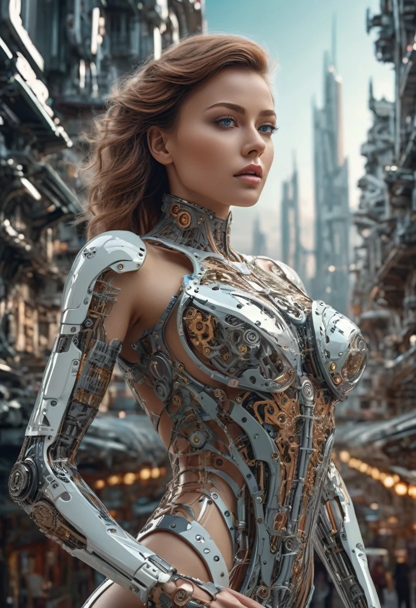 A beautiful woman standing in the background of a futuristic city, Intricate mechanical parts and delicate, Beautiful human figure, Magnificent anatomy and physique, 1/2 Body cutting, (best quality, 4K, 8K, high resolution, masterpiece:1.2), Extremely detailed,(Practical, photoPractical, photo-Practical:1.37), Human Development Report, (Intricate details:1.12), (Intricate details, Ultra Detail:1.15), (Natural skin texture, Surrealism, Soft Light, sharp:1.2)