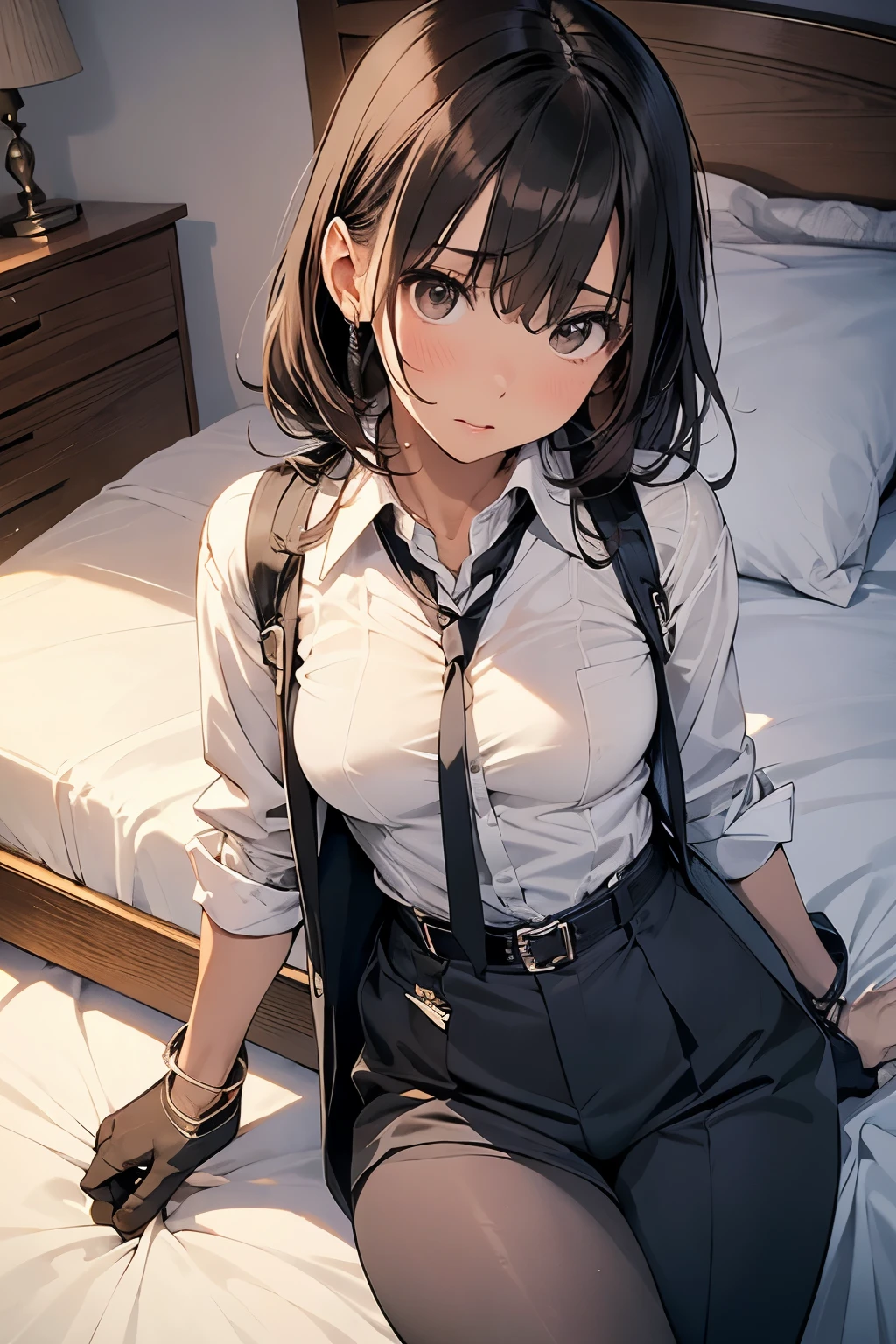 suspenders　　　Moderate breasts　 　 　　　　Small face　 　　　holster　　　Beautiful woman　　　　 Lying in bed　Looking up　　　　Sweat 　　　belt　summer　脇Sweat 　Black Hole Gloves　suit　shirt　　Black jacket　 Black trousers　Leg Links　ズボンにbelt　No bra　holster　Nipples show through the top of clothes
