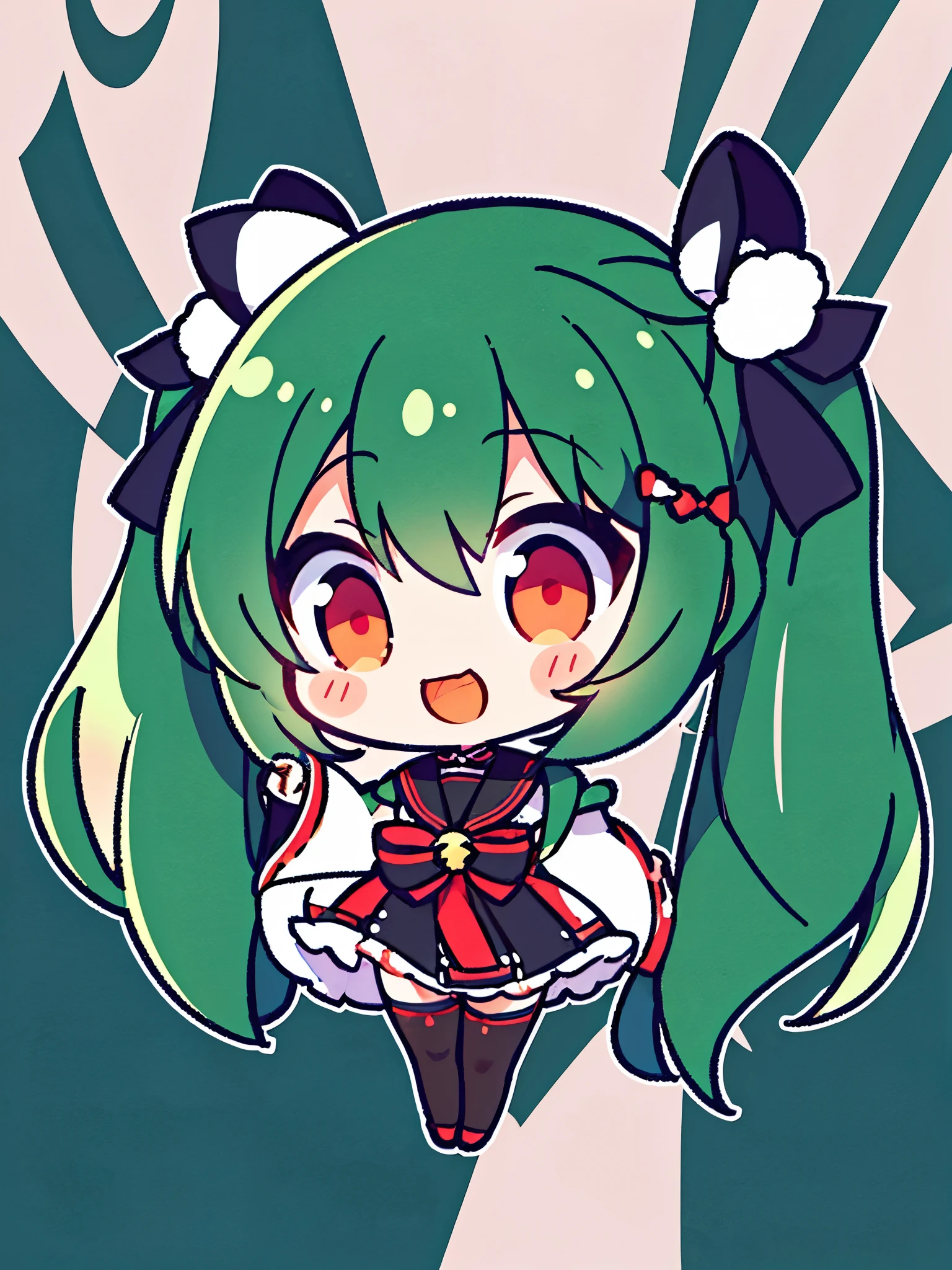 White background、Japan anime illustrations、girl、Green Hair、Twin tails、Black ribbon hair ornament、Red Eyes、Black Sailor Suit、Black Uniform、smile、Super Deformed Characters、デフォルメされたgirl