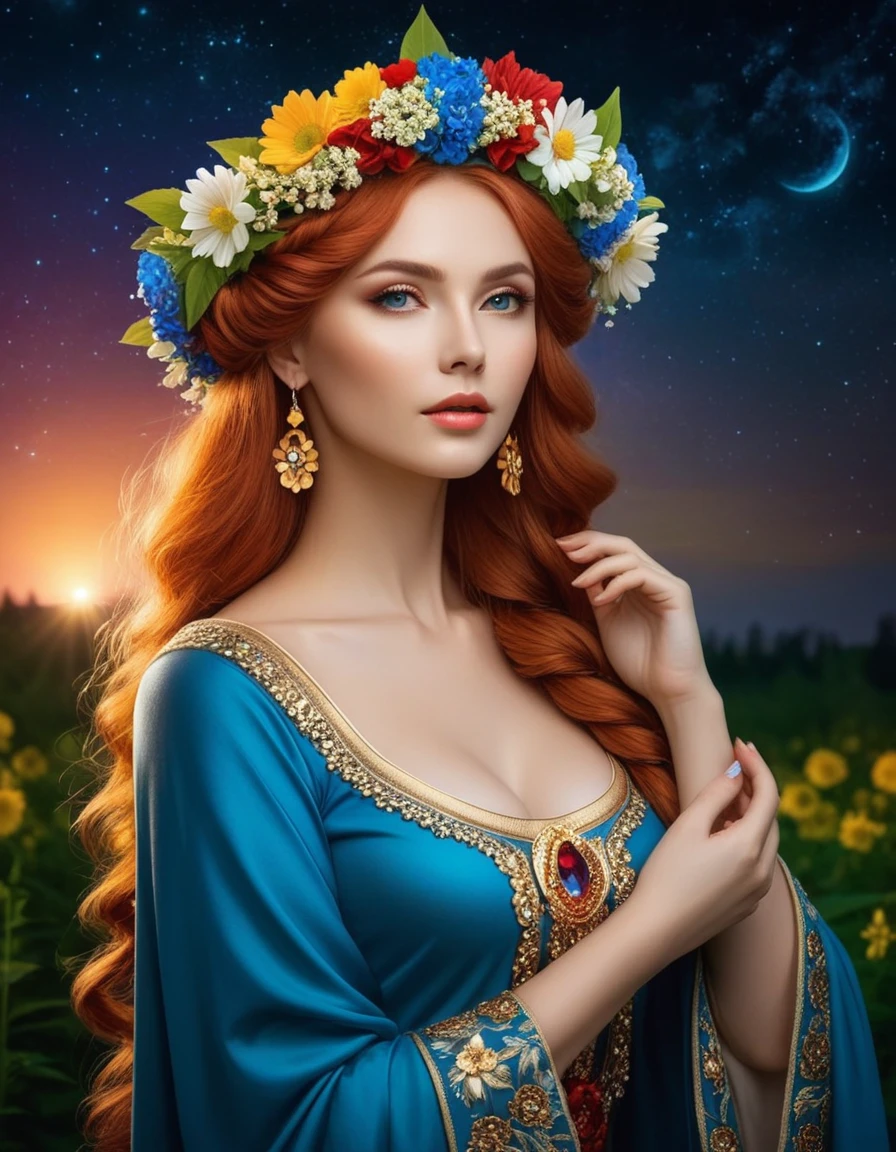 woman with a flower crown on her head and against the background of the night sky, in Russian folk style, portrait of a beautiful goddess, beautiful fantasy art portrait, beautiful goddess, beautiful fantasy girl, Beautiful girl, The mythology of the goddess of the earth, Red hair, beautiful fantasy portrait, flower goddess, she has a wreath of flowers, beautiful fantasy art, beautiful gorgeous digital art, in Russian folk dress


