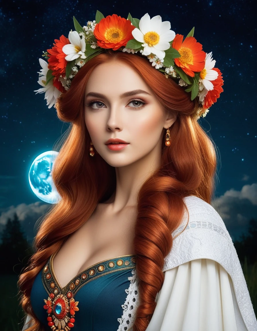 woman with a flower crown on her head and against the background of the night sky, in Russian folk style, portrait of a beautiful goddess, beautiful fantasy art portrait, beautiful goddess, beautiful fantasy girl, Beautiful girl, The mythology of the goddess of the earth, Red hair, beautiful fantasy portrait, flower goddess, she has a wreath of flowers, beautiful fantasy art, beautiful gorgeous digital art, in Russian folk dress