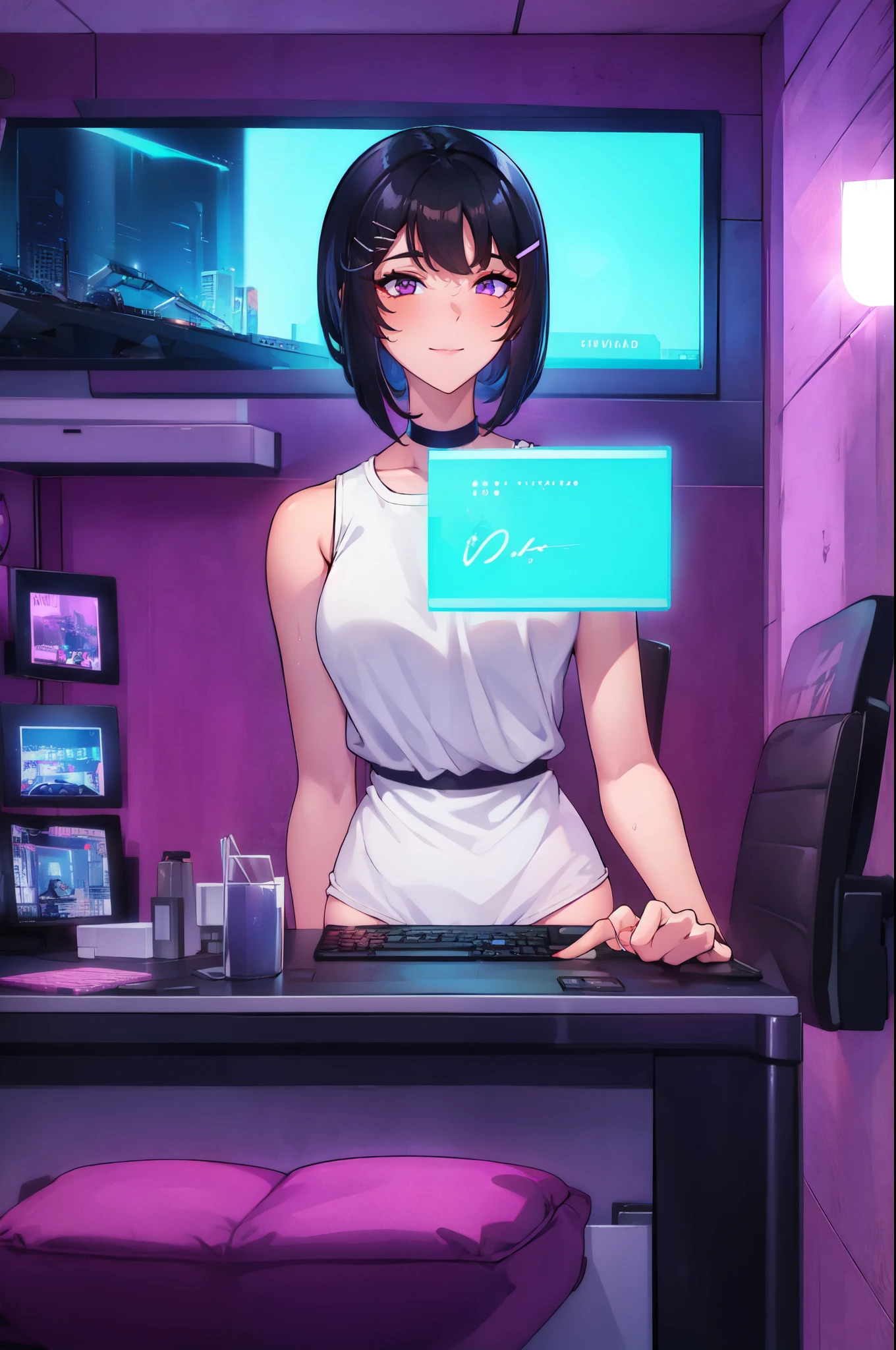 1girl, solo,  girl, , (black hair), (colored inner hair, purple hair), straight hair, (bob cut), short hair, assymmetrical hair, bang pinned back, hairclip, brown eyes, calm behaviour, small smile, inexpressive, medium breasts, choker, white camisole, white shirt, sleeveless, bare shoulders, bare arms, leggings, comfy clothes, old fashioned, standing, upper body, bedroom, cyberpunk, computers, technology, purple light, neon posters, masterpiece, best quality, 4k