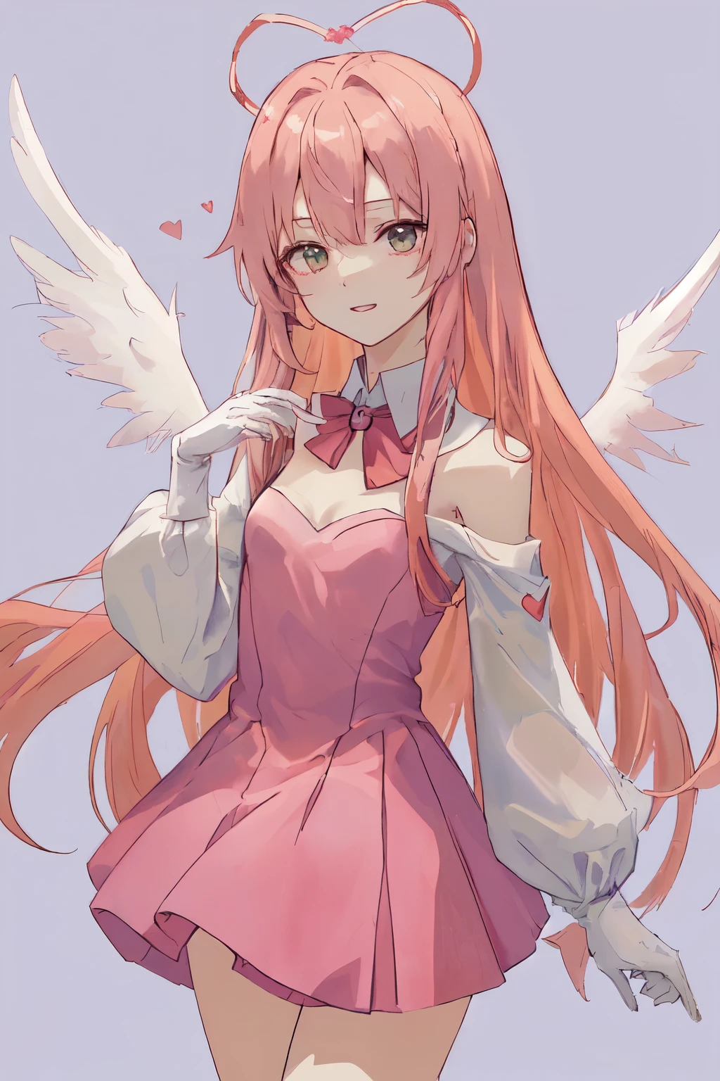1_girl, (anime, kawai:2), (masterpeice, best_quality, clean:1.5), (sky_background:1.2), (cute, cute_smile, young:1.5), (delicate, beautiful, thin:1.5), (girlfriend, angel:1.8), (green_eyes, simple_eyes:1.5) (long_hair, blond_hair, wearing_pink_dress, pink_angel_wings, sexy_gloves:1.5), extremely_delicate, (love_magic:1.5), (age_size_fits_body), (small_thighs:1.3), (breasts), (eye_level:1.3), (heart_magic, love:1.5)