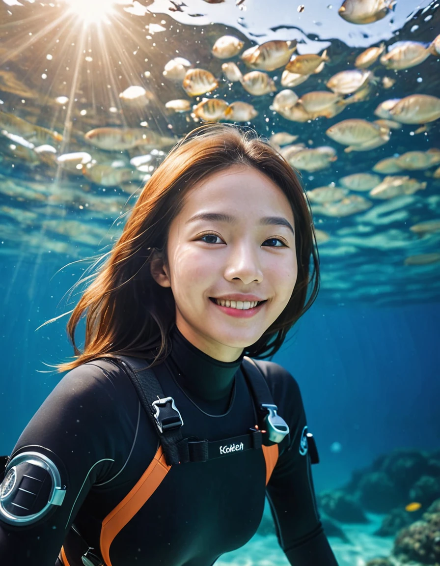 instagram photo of a young asian woman, smiling without show teeth, mouth shut, happy, free diving, beautiful underwater, under the sea, tropical sea, wearing black long sleeves diving suit, scuba diving mask, fins swimming paddles, morning, sunshine through ocean surface, natural lighting, little fish swimming around, kodak film grain, gloomy camera lens, blurry, under water effect
