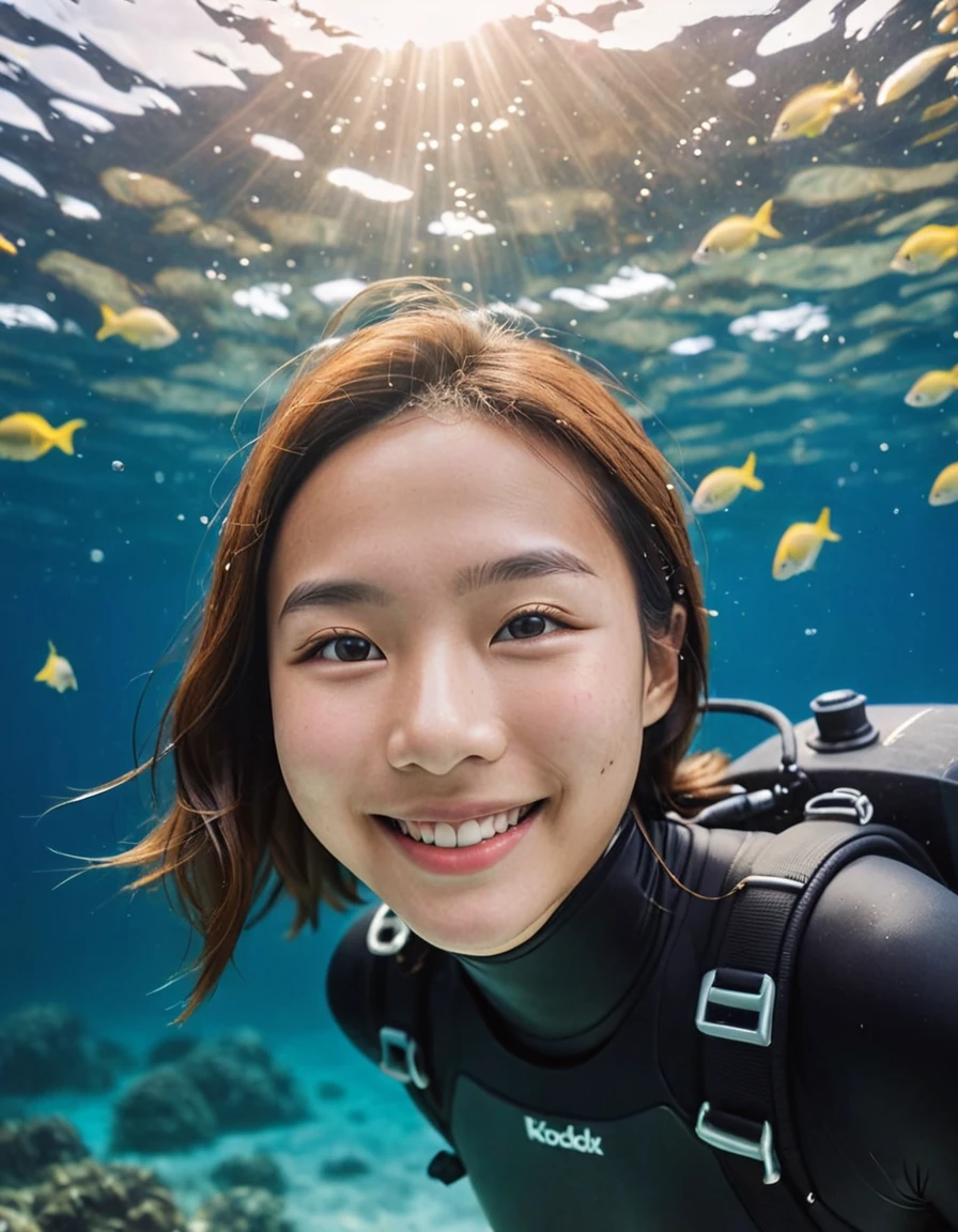 instagram photo of a young asian woman, smiling without show teeth, mouth shut, happy, free diving, beautiful underwater, under the sea, tropical sea, wearing black long sleeves diving suit, scuba diving mask, fins swimming paddles, morning, sunshine through ocean surface, natural lighting, little fish swimming around, kodak film grain, gloomy camera lens, blurry, under water effect