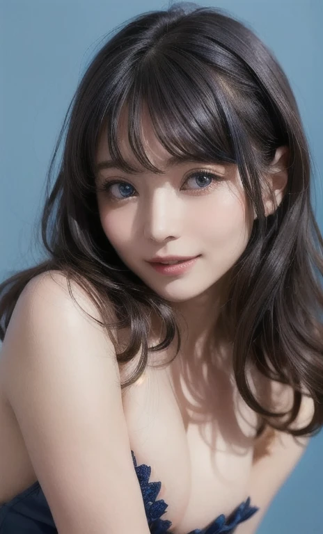 (software:1.8、masterpiece, Highest quality),1 Girl, alone, have, Realistic, Realistic, Looking at the audience, Light brown eyes, Highly detailed shiny long hair,Beautiful symmetrical face、Spring Clothes:1.6, Whity, lips, bangs, Highly detailed beautiful face、very fine and beautiful eyes、, Mouth closed, Upper Body、Big eyes、eyelash、((Very simple blue background:1.8))、(((bangsのあるロングヘア、Short shiny hair、Big eyes、big and full chest、Looking at the audience、Innocent beauty、Show me your ears、Beautiful long neck、smile、please close your mouth and smile)))、Ideal body type、{Huge|big|Hugeな|Mega} chest:2, chestの谷間:2、幸せなsmile、Beautiful Teeth、