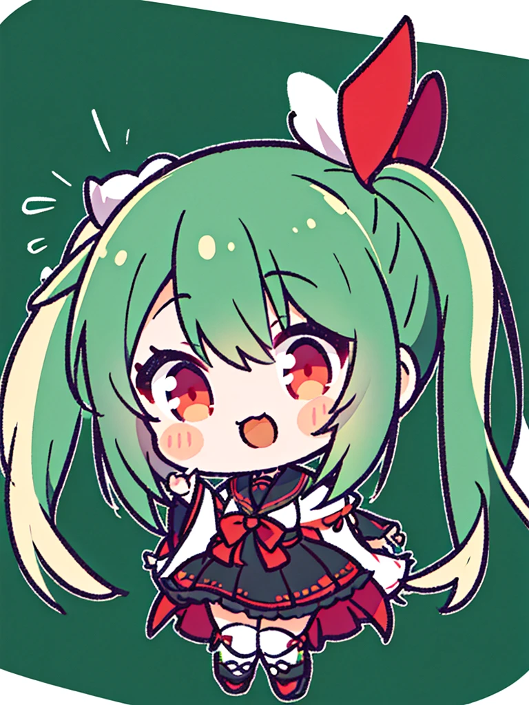 White background、Japan anime illustrations、girl、Green Hair、Twin tails、Black ribbon hair ornament、Red Eyes、Black Sailor Suit、Black Uniform、smile、Super Deformed Characters、デフォルメされたgirl