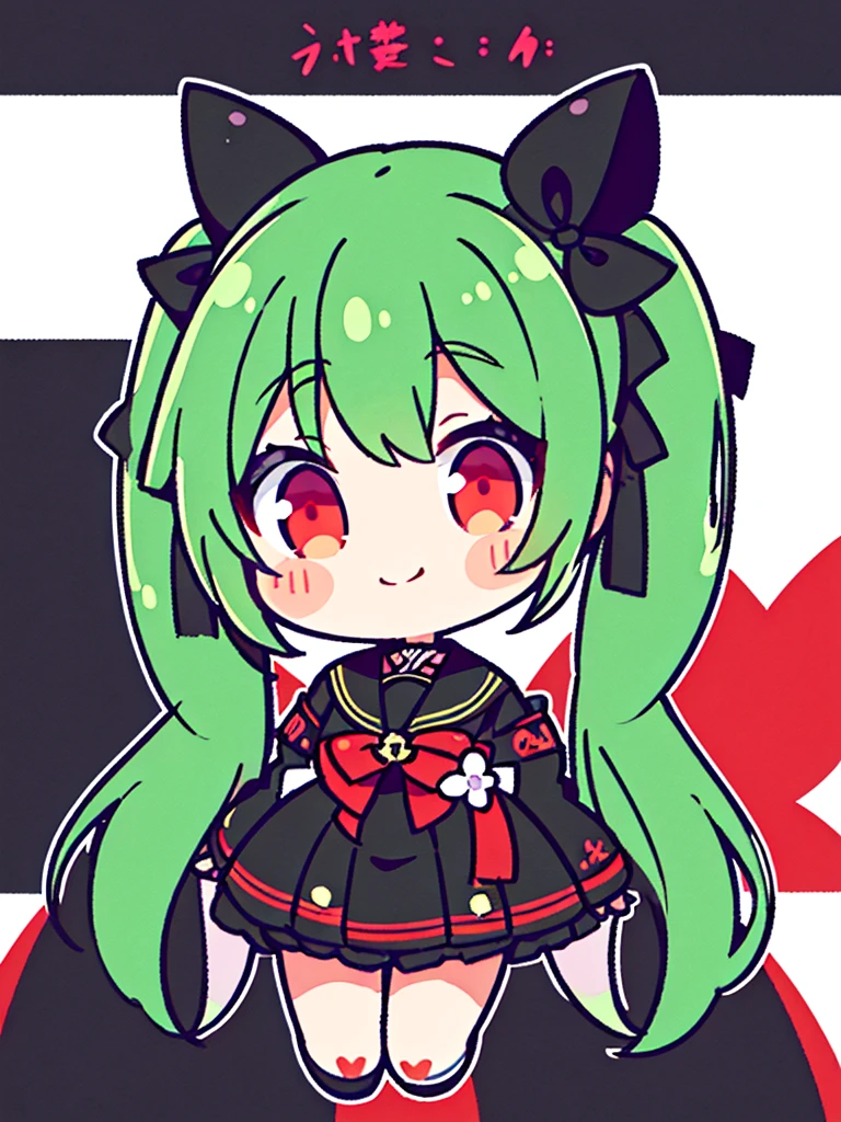 White background、Japan anime illustrations、girl、Green Hair、Twin tails、Black ribbon hair ornament、Red Eyes、Black Sailor Suit、Black Uniform、smile、Super Deformed Characters、デフォルメされたgirl