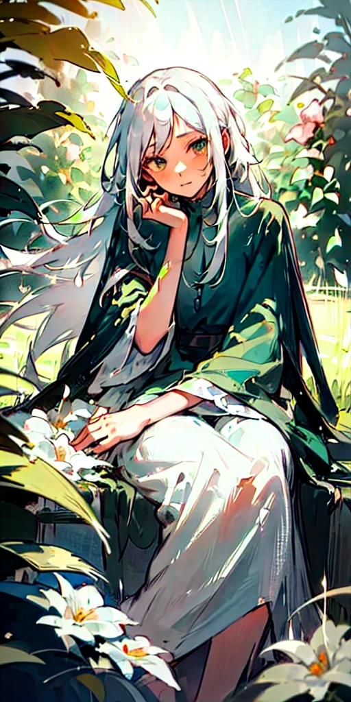 (masterpiece, best quality),1girl with long white hair sitting in a field of green plants and flowers, her hand under her chin, warm lighting, Colorful dress, blurry foreground