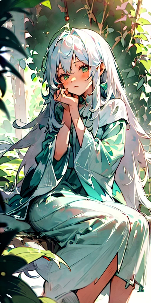 (masterpiece, best quality),1girl with long white hair sitting in a field of green plants and flowers, her hand under her chin, warm lighting, Colorful dress, blurry foreground