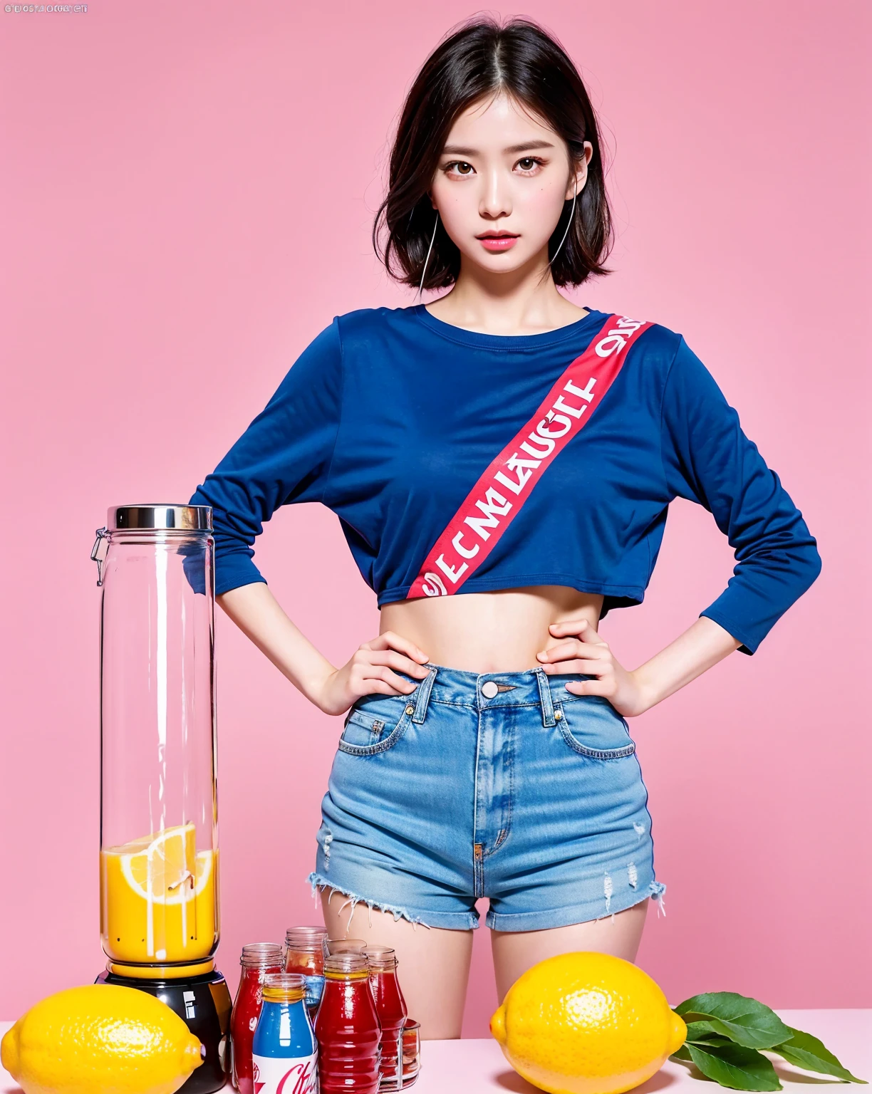 Realistic, 8K, masterpiece, RAW Photos, Highest quality, Realistic, 非常に詳細な CG Unity 8K 壁紙, Written boundary depth, Cinematic Light, Lens flare, Ray Tracing, Perfect lighting,(short hair), (Delicate skin), (Delicate face), (Pop Background :1.1), Person standing and watching、Comical movement,((1 female)),Supergirl Costume、Headphones,(Pink color background),Modern Style,Artistic,Moving configuration,Unique Pattern,Bold Texture,colorful,Imaginative,Whimsical,Vibrant,like々Shii,Playful,Vibrant,creative,Expressive,stylish,tendency,One Girl,Drinking juice in a jar、Coca-Cola Poster、Lemon on the background