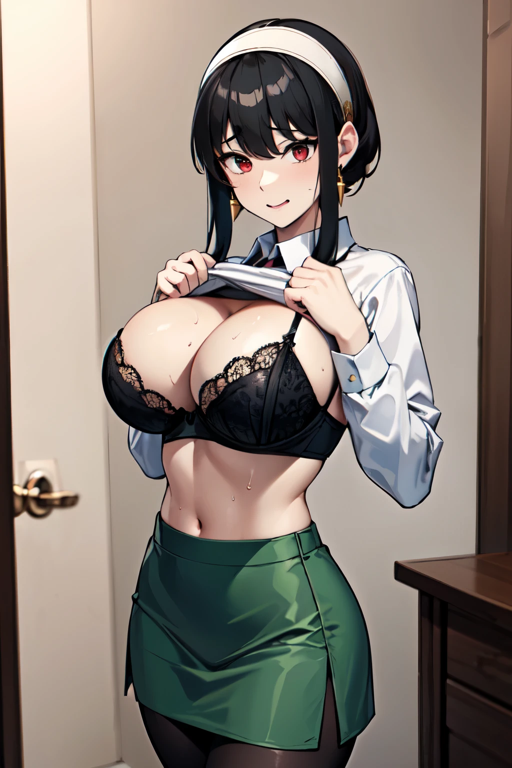 masterpiece, best quality, highres, BBYORF, short hair with long locks, white hairband, red eyes, gold earrings, A seductive look,A lewd look,Pervertな目,(large breasts,busty),wide tits,wide ass,curvin waist,full bust,slender,(Very thin_Waist:1.4), office lady, white shirt, collared shirt,long sleeves, green skirt, (Black tights),office, (paper:1.1), surprised, standing,((Poses that accentuate large breasts)),((breast focus)),A kind smile,Lust,Undressing,Estrus,sweat,Heavy breathing,Pervert,Slut,((Tight big breasts)),breast close-up,((shirt lift)),(undressing:1.2),toned stomach,show off bra,cleavage
