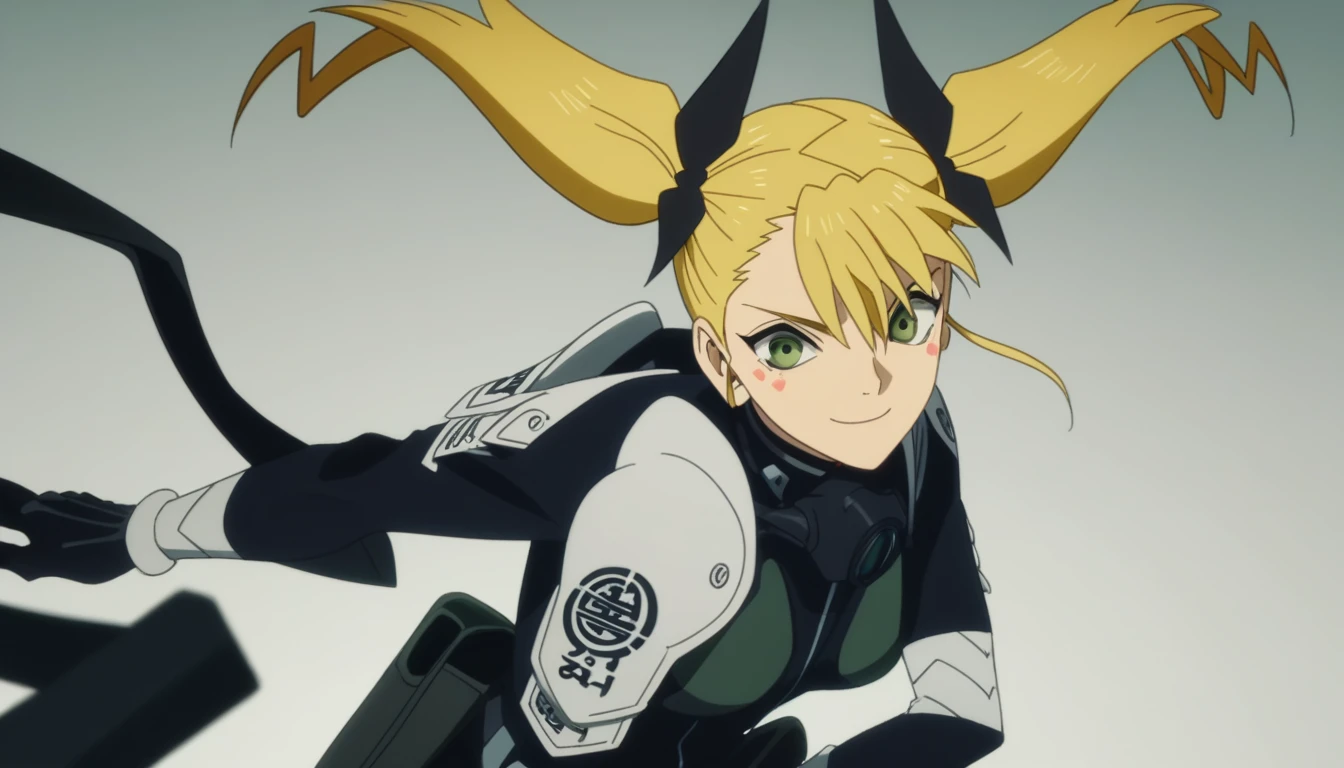 score_9, score_8_up, score_7_up, score_6_up, score_5_up, score_4_up, source_anime, anime screencap, anime coloring, kikoru, 1girl, blonde hair, twintails, green eyes, hair ribbon, black ribbon, bangs, bodysuit, armor, upper body, smile
press breasts together