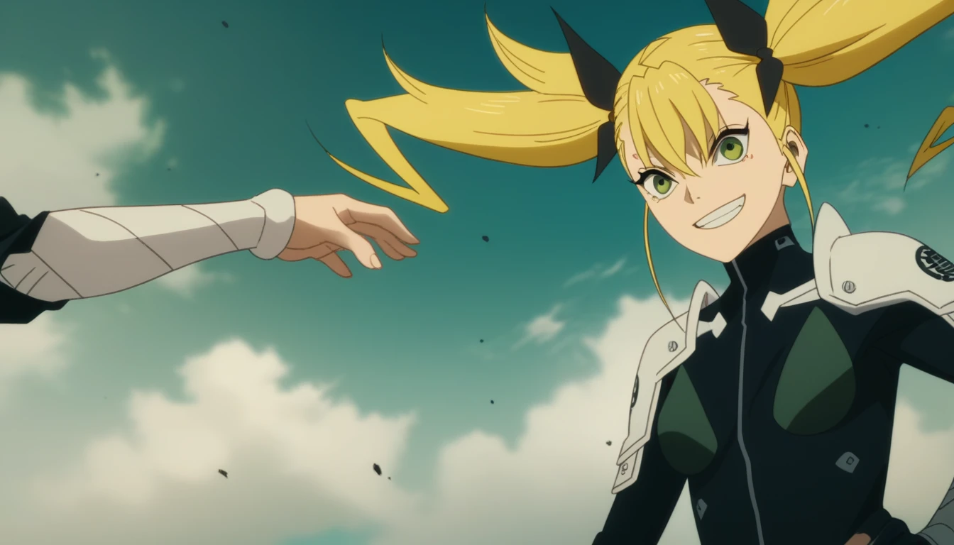 score_9, score_8_up, score_7_up, score_6_up, score_5_up, score_4_up, source_anime, anime screencap, anime coloring, kikoru, 1girl, blonde hair, twintails, green eyes, hair ribbon, black ribbon, bangs, bodysuit, armor, upper body, smile
press breasts together