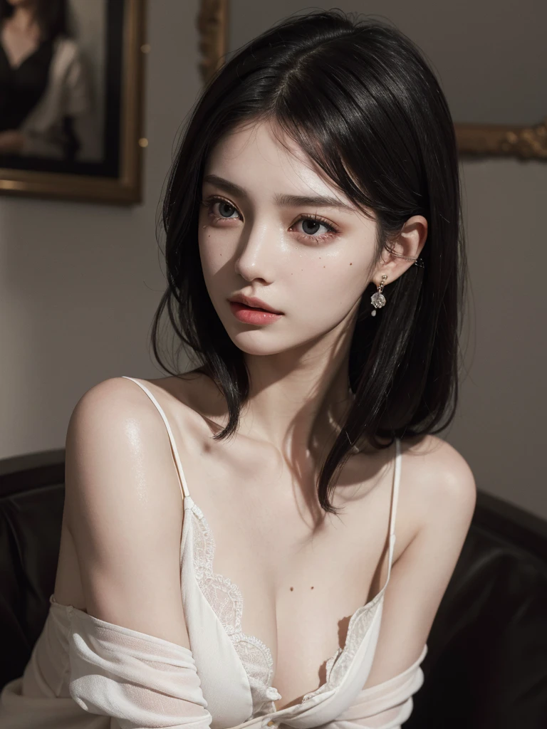 absurdres, RAW photo, extremely delicate and beautiful, masterpiece, Best Quality, ultra high resolution, 32k, hyperrealistic, ultra-detailed, in her 20s, delicate facial features, tearful mole, earring, medium breasts, ((((full body shot)))), shorter middle hair, black hair, collared shirt dress,