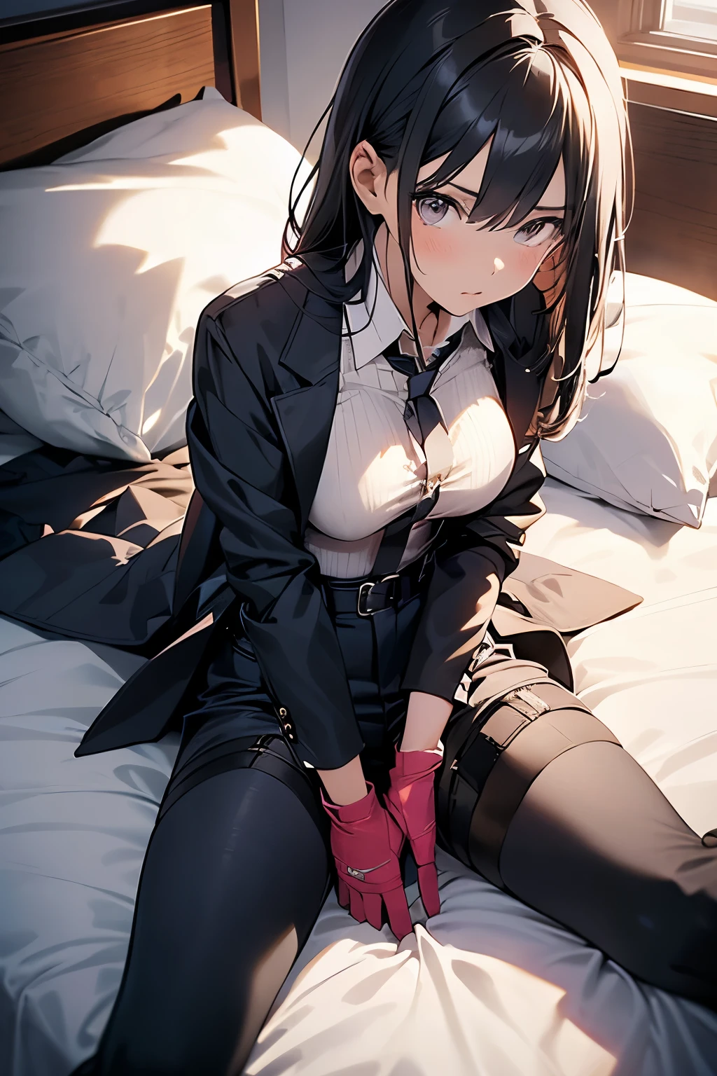 suspenders　　　Moderate breasts　 　 　　　　Small face　 　　　holster　　　Beautiful woman　　　　 Lying in bed　Looking up　　　　Sweat 　　　belt　summer　脇Sweat 　Black Hole Gloves　suit　shirt　　Black jacket　 Black trousers　Leg Links　ズボンにbelt　No bra　holster　Nipples show through the top of clothes
