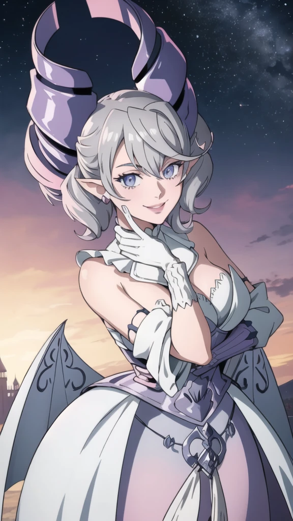 Beautiful arts wallpaper Sunset Outside castle top  High level image quality　best image quality　8K　 adult woman   silver castle outside  more colors   whole body view　portrait　    　horn    ears  　short hair（（shortcut）（gray hair）（perm）（fluffy））　eye color is blue ,  , 　attractive evil face , smile   ,  heroic stance   ,  labrynth ,  barearm  ,gloves   , wearing pink   , standing , 