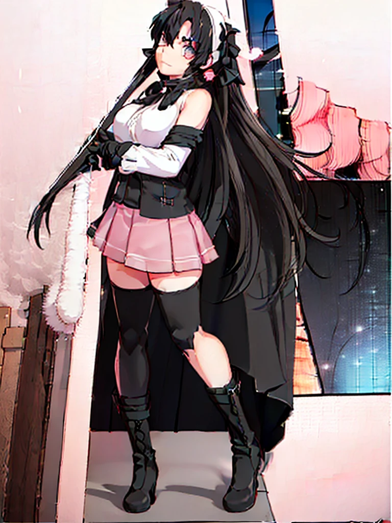 great quality ++ Extremely detailed high resolutionolution, very aesthetic, expressive eyes, (((Perfect face))), (((face symmetrical))), ((good anatomy)), (((perfect hands))), (((8k))), UHD, hd wallpaper, (((detailed high cal, (((((1girl)))))), ((((only))), (((solo))), Masterpiece, The best quality, high resolution, Highly detailed, (illustration), Beautiful detailed eyes, ((((full body))), (((black hair))), ((((twin tails hair)))), hair ribbon, long hair, ribbon, sidelocks, two side up, black skirt, black thighhighs, long sleeves, miniskirt, pleated skirt, white tube top under a massive pink fluffy coat, blue short pencil skirt with a on the cut on the right, black thigh highs and pink pumps. A pink silk choker is wrapped around her neck and a pastel pink beret atop her long lushes brown hair. She slung her white purse over her shoulder as she shut the door
