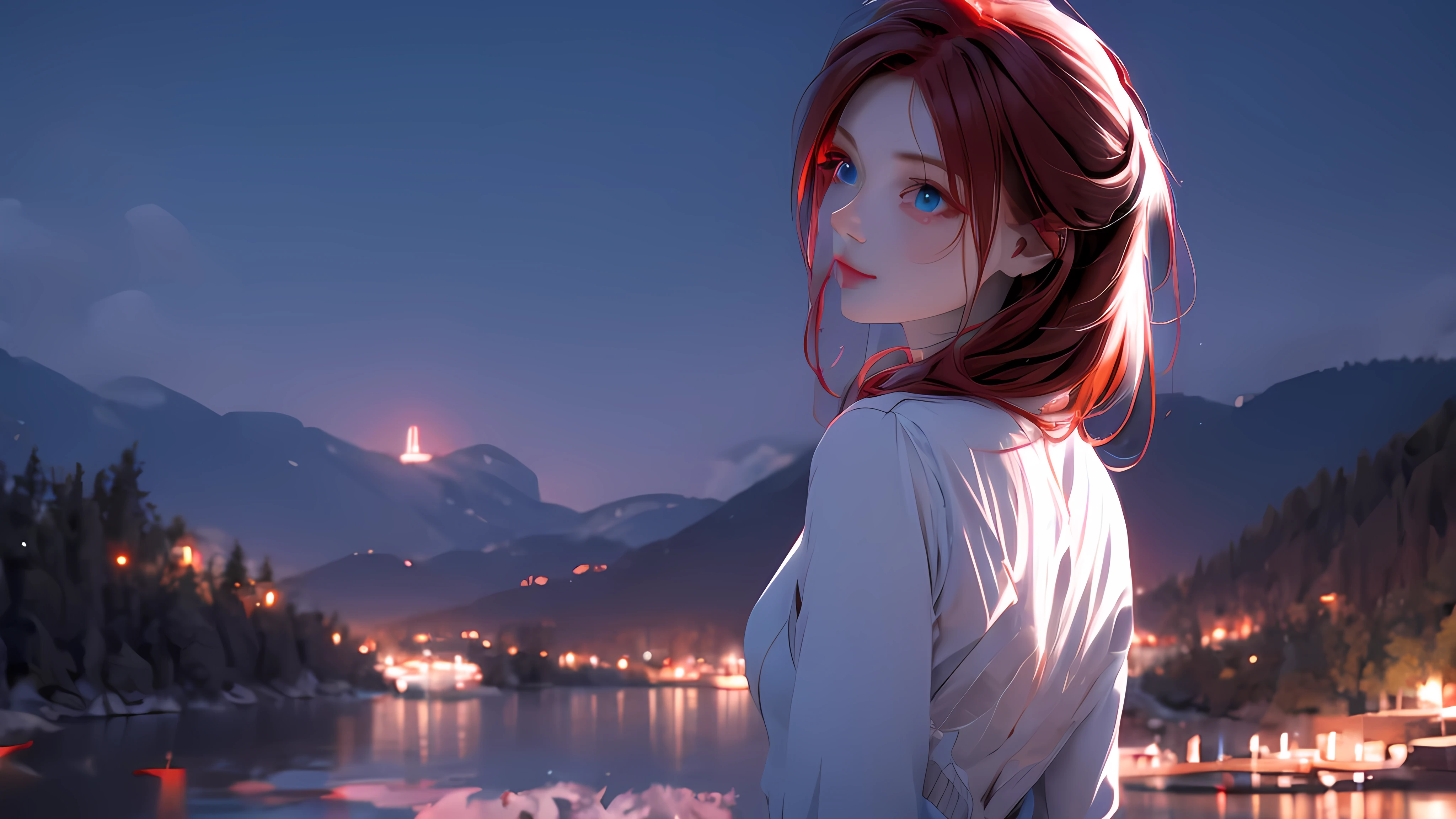 1 Girl , Girl medium light Red hair, light blue eyes, wearing black suit 4D, night town , 18+ , high res, ultrasharp, 8K, masterpiece, looking from behind