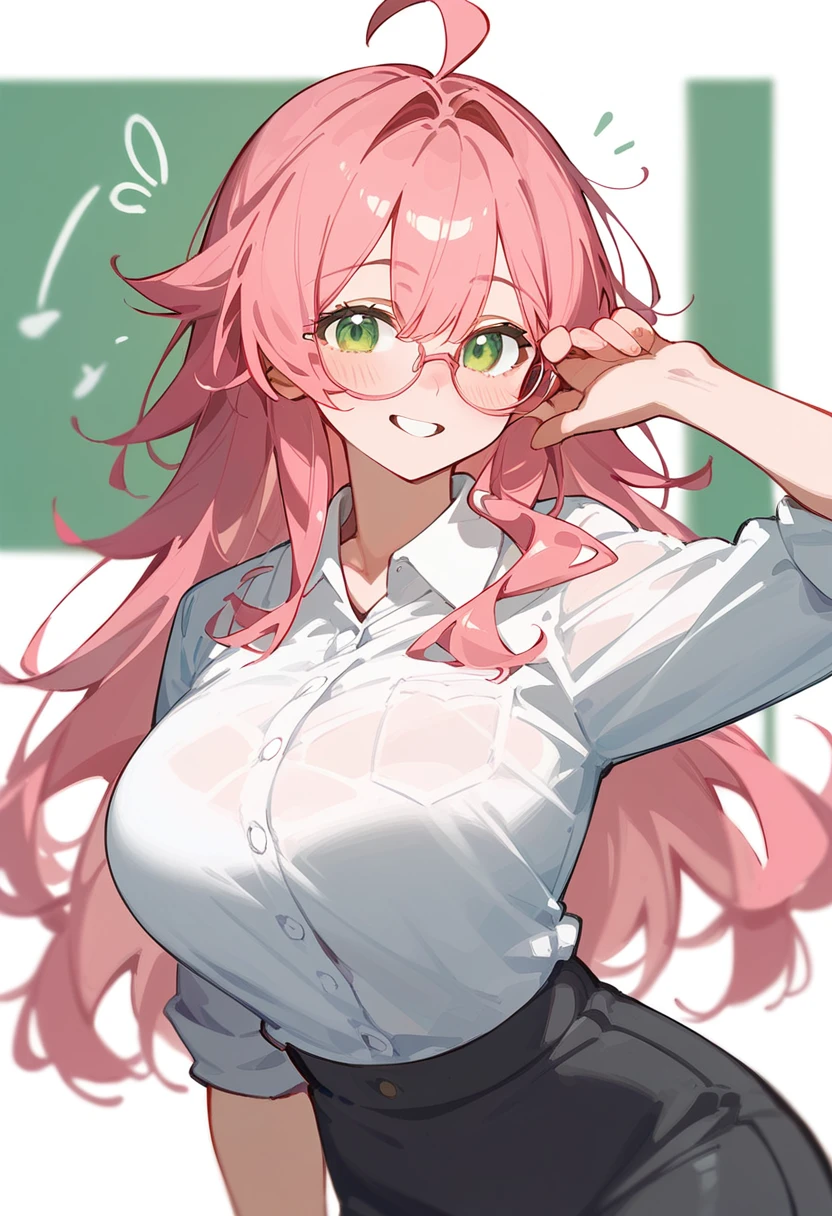 School Swimsuit、One Woman、private teacher、Big Breasts、Pink Hair、Long Hair、Straight Hair、Ahoge、Kind older sister、Pink small glasses、Green Eyes、smile、Droopy eyeature