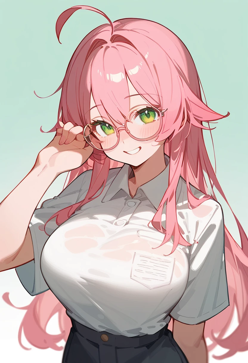 School Swimsuit、One Woman、private teacher、Big Breasts、Pink Hair、Long Hair、Straight Hair、Ahoge、Kind older sister、Pink small glasses、Green Eyes、smile、Droopy eyeature