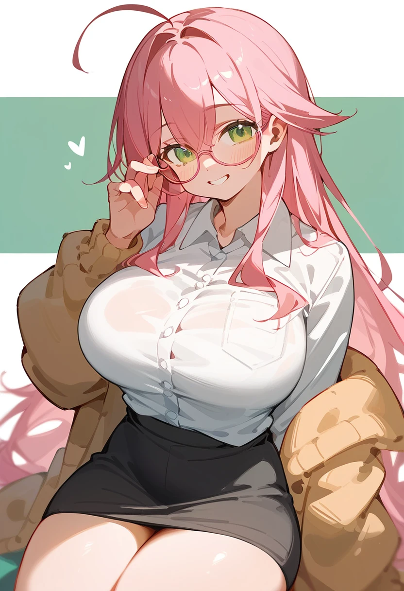 School Swimsuit、One Woman、private teacher、Big Breasts、Pink Hair、Long Hair、Straight Hair、Ahoge、Kind older sister、Pink small glasses、Green Eyes、smile、Droopy eyeature