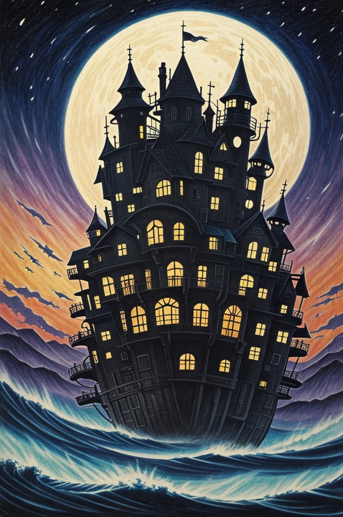1970’s dark fantasy book cover paper art Howl moving castle style drawing of