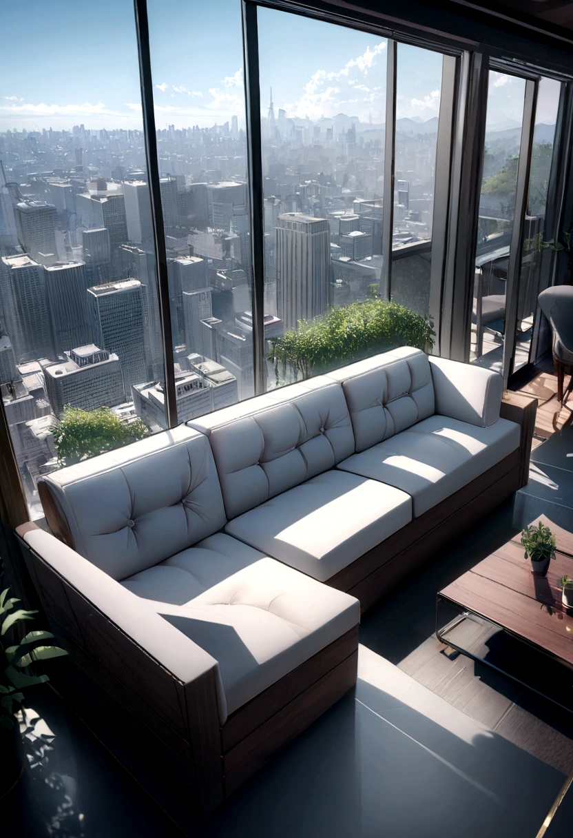 Panorama of the living room，It has a large sofa and a large window., Digital rendering by Harriet Zeitlin, cg Social Hotspot, The art of math, Relaxation time. beautiful landscape, Enjoy the skyline view from the rooftop, sparse field, this, Luxurious environment, thisc, new york in the future, The roof of Tokyo, Broader horizons, city View