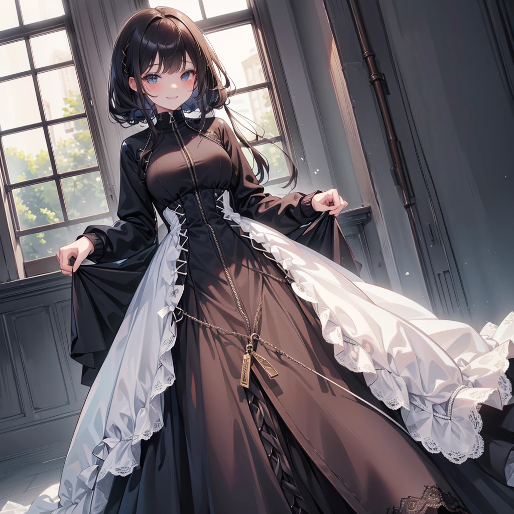kinky girls,((full-length-front-lace-up dress),((full-length-front-zip-up dress),kinky smiling,