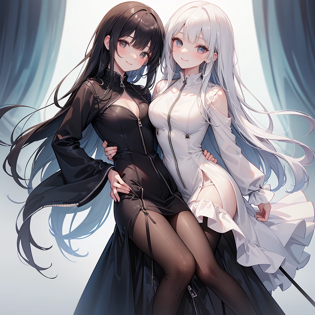 (((yuri))), (((2 girls))), ((evening dress, strapless)), absurdres, RAW photo, extremely delicate and beautiful, masterpiece, Best Quality, ultra high resolution, 32k, hyperrealistic, ultra-detailed, detailed description, perfect anatomy, pale skin, 20 years old, detailed beautiful face and eyes, tearful mole, earring, short medium hair, wavy hair, random colored hair, whole body shot, colossal tits,