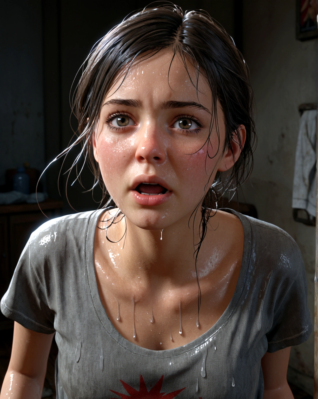 A girl, old ragged clothes ((torn clothes1.5)), splashed water on her body (wet shirt 1.8), shocked face, hyper realistic, unreal engine, ultra detailed, perfect face, HD, photo art