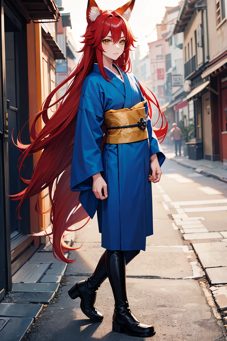 a boy , red hair, yellow eyes, hair between eyes, long hair, fox ears, Fox tail , wearing a long blue samouraï kimono ,boots and walking in the street, high quality, high details