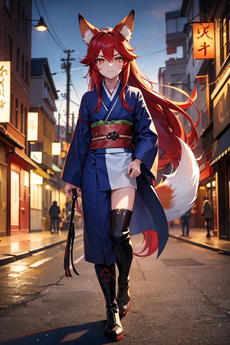 a boy , red hair, yellow eyes, hair between eyes, long hair, fox ears, Fox tail , wearing a long blue samouraï kimono ,boots and walking in the street, high quality, high details