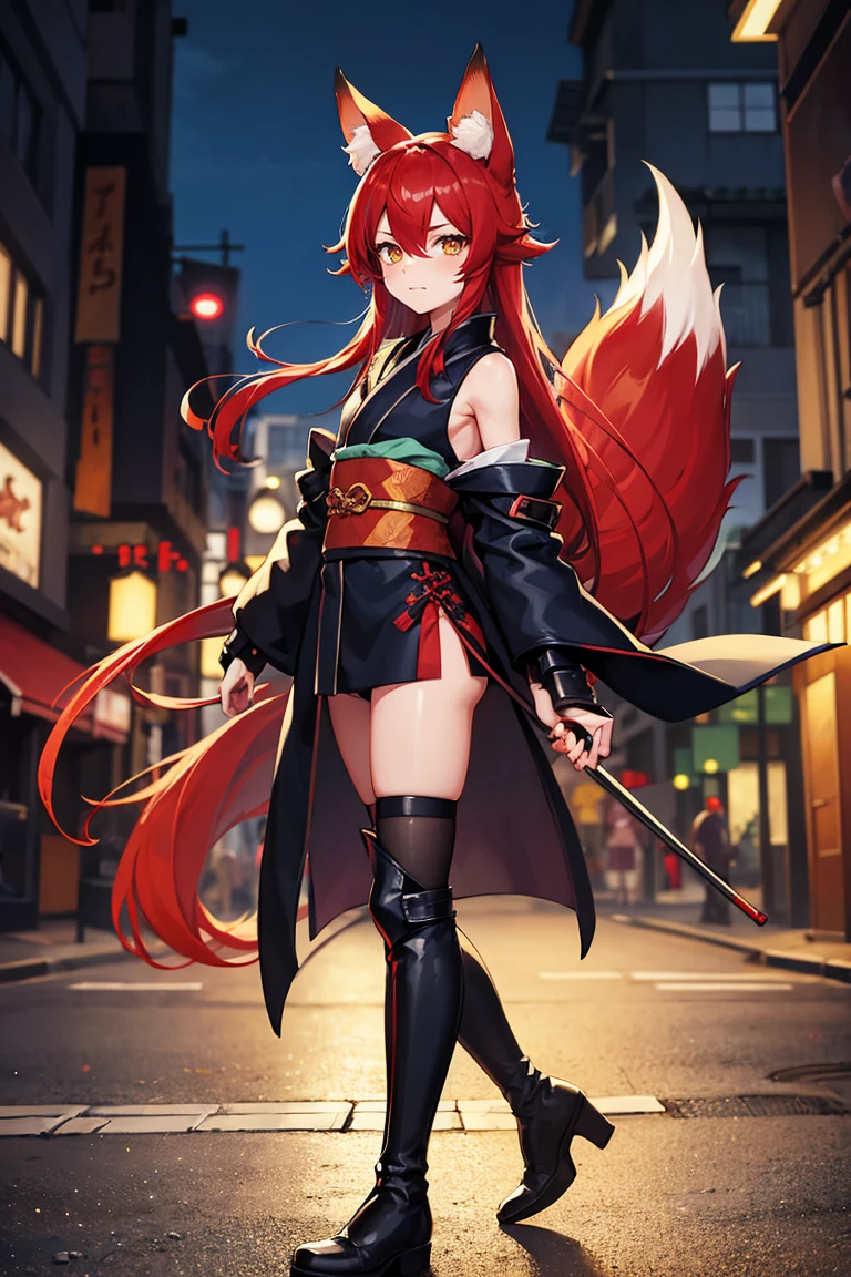 a boy , red hair, yellow eyes, hair between eyes, long hair, fox ears, Fox tail , wearing a long blue samouraï kimono ,boots and walking in the street, high quality, high details
