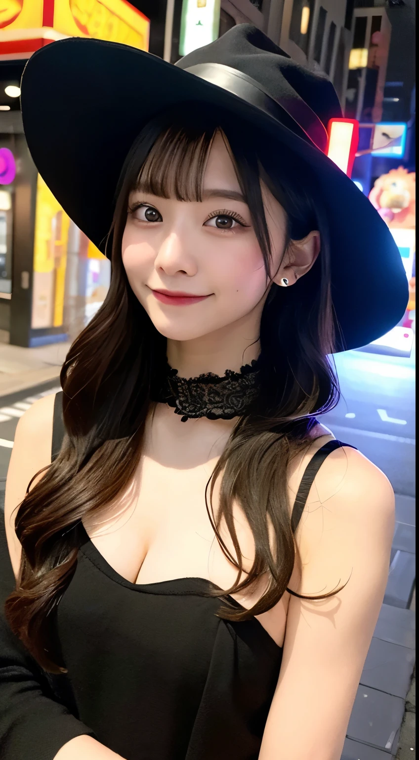 high quality, 最high quality, masterpiece, Very fine、beautifully、detailed, Professional photos, Proper Lighting,
Very beautiful girl, Beautiful Face, Face Tattoos,
Halloween Costumes, Black short dress, Black witch hat, Orange Accessories,
smile, Laughter, Blushed, (thin, Pale skin,:0.8)
Very straight medium hair with single blades,
(Bokeh, Dynamic Angle, city, on the road, Midnight, Shibuya Ward,:0.8)