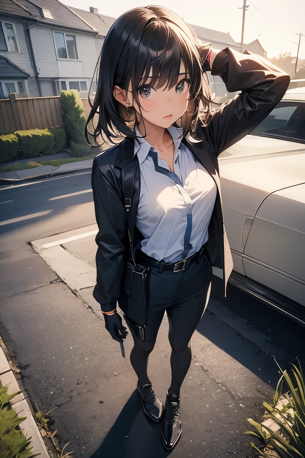 Highest quality, masterpiece, Ultra-high resolution, (realism: 1.4), Oil painting style, Cinema Lighting, An endless grassland dotted with a few houses, I stood on the empty asphalt road and looked at it., Fairy Mountain々was shrouded in mist, And the suspenders with the cranes flying Moderate breasts Small face holster Beautiful woman Lying in bed Looking up Sweat belt summer 脇Sweat Black Hole Gloves suit shirt Black jacket Black trousers Leg Links ズボンにbelt holster Nipples show through the top of clothes