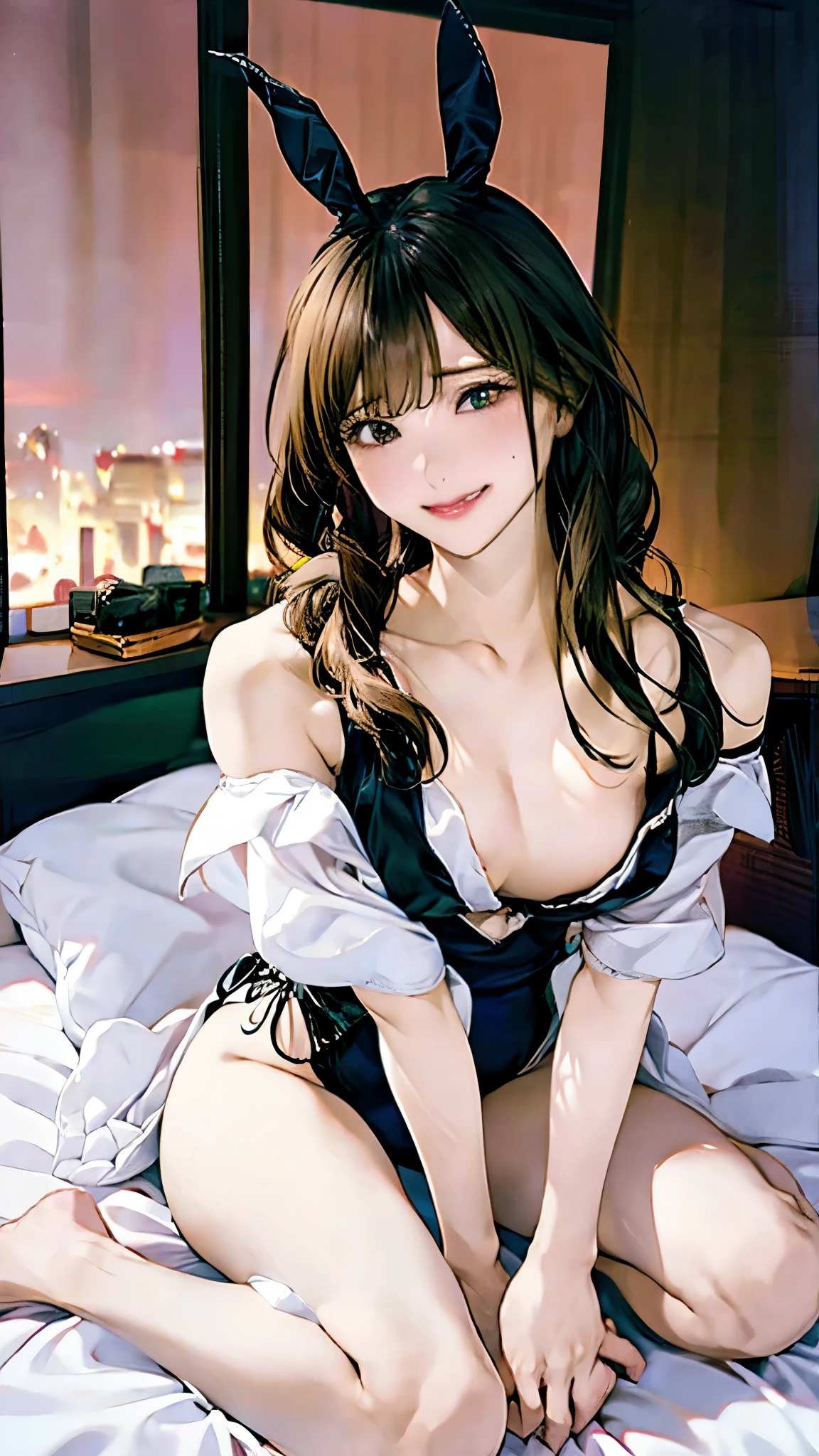 off shoulder,two women:1.5,From below,All fours:1.5,sexy bunny girl, black outfit, hotel room with bed, Tokyo night skyline, hands on bed, looking back,Open legs,M legs,orgasm,ahegao