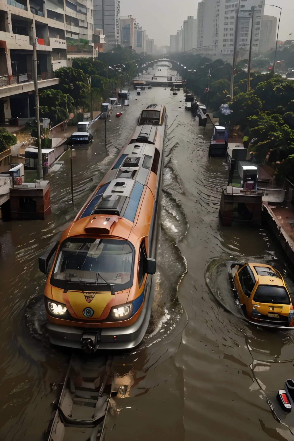 Experience the future of transportation in Delhi, where metro trains effortlessly glide above water-submerged streets. Our innovative system, proven even in the heaviest downpours, eradicates traffic congestion and waterlogged roads. High-definition cameras record every moment with exceptional hyper-realistic clarity, highlighting this engineering masterpiece that has transformed Delhi's landscape. Board these trains and enjoy uninterrupted travel like never before, captured in a 5:4 ratio:

((futurístico)), ((high-tech)), ((avanzado)), ((revolucionario)), ((del futuro)), ((del siglo 21)), ((Delhi Metro)), ((inundaciones)),