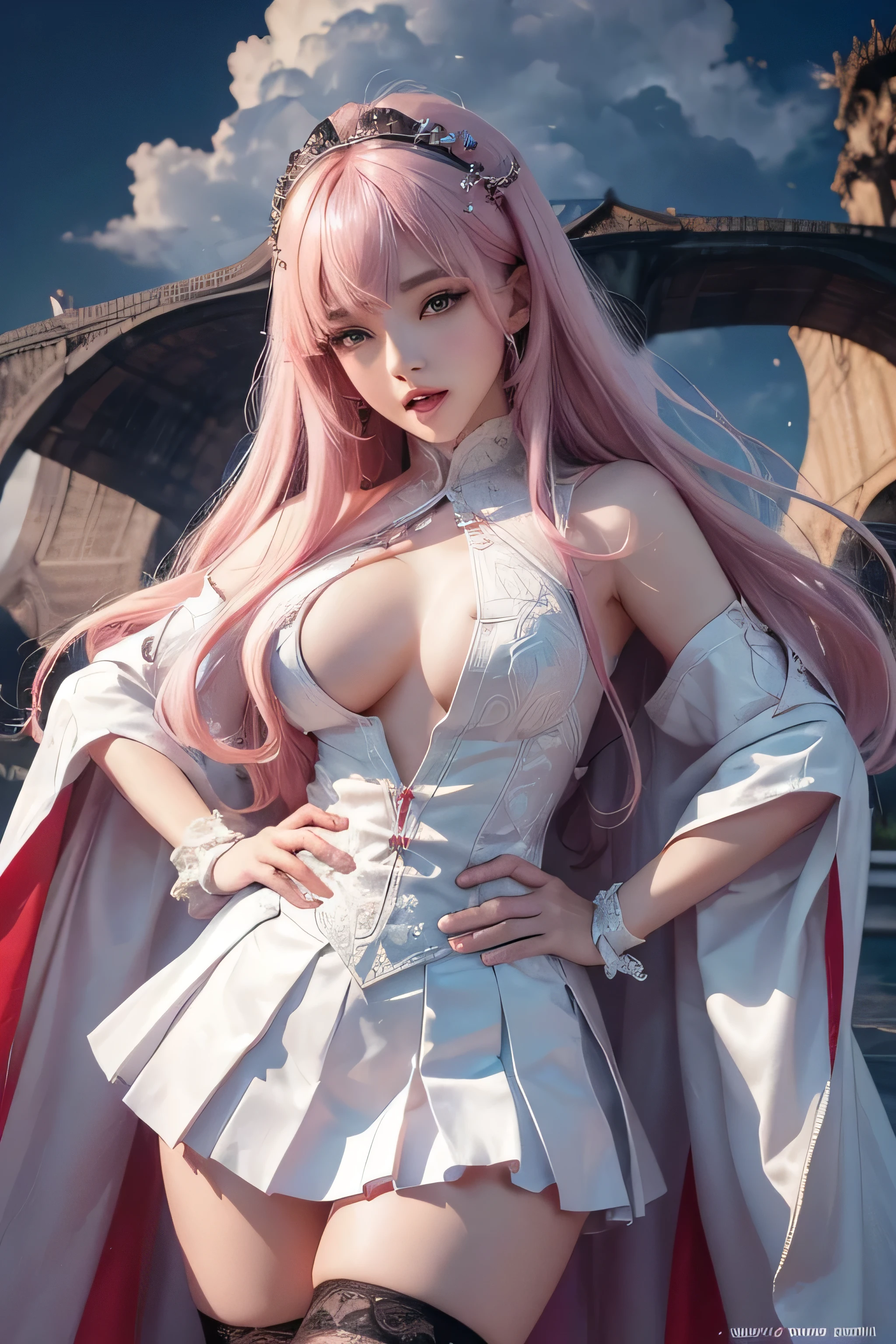(masterpiece、Highest quality:1.4)、 (8K resolution、Ultra-high resolution:1.2)、 (Realistic:1.3)、Detailed depiction face、Eye for detailed depiction、Detailed skin、Detailed hair、Glowing Skin、 Human skin type、Japanese Idol、Very beautiful woman、Detail and beauty that cannot be captured in reality:1.3、 Elegant and perfect figure、 1 Girl、、 (Beautiful Bangs、Highly detailed hair、Glowing Skin、Lip gloss、Add highlights to the eyes、Double eyelids、Long hair to the waist length、Pastel pink hair、Scarlet Eyes、White knee socks、White shirt、break black cloak、black pleated skirt、Black Loafers、Break Glare,blush,Hands on hips、look down、Open your mouth:1.5)(Big boobs:1.5)、(Inn Background、Fantasy:1.1)、Perfect Anatomy、Very natural lighting、Please look closely at the camera、