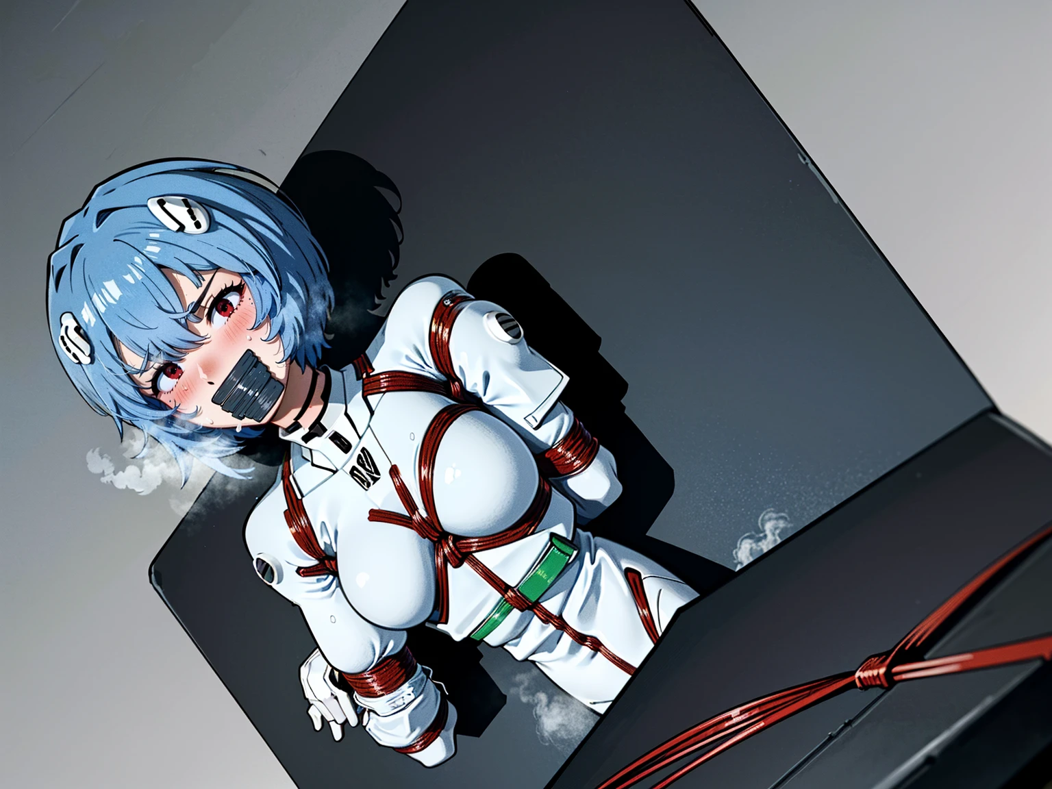 ((Highest quality, 8k wallpaper)),(masterpiece, Highest quality),Very detailed,High resolution,(Official Art:1.3),(((Anime screenshots,Black outline))),One girl,alone, Break mer1,(Rei Ayanami {Neon Genesis Evangelion,}1.2),masterpiece, best quality, outdoor, 1girl, Solo,red eyes,short hair,blue hair, (White plug suit:1.4), skin tight,(Tired look, A look of regret, Struggled, Half-closed eyes, fear, humiliation, Frightened, anxiety:1.3),(((Covered in sweat, Mass sweat, Sweating profusely,steam:1.7))), (lying face down, Lying on stomach, arms behind back:1.8), (Dirty Costume with mud,gym storeroom:1.5),(((dirty:1.4))),(((Tape Gag:1.4))),(((tape, gagged, bondage, bound, Tape shibari:1.4))),
