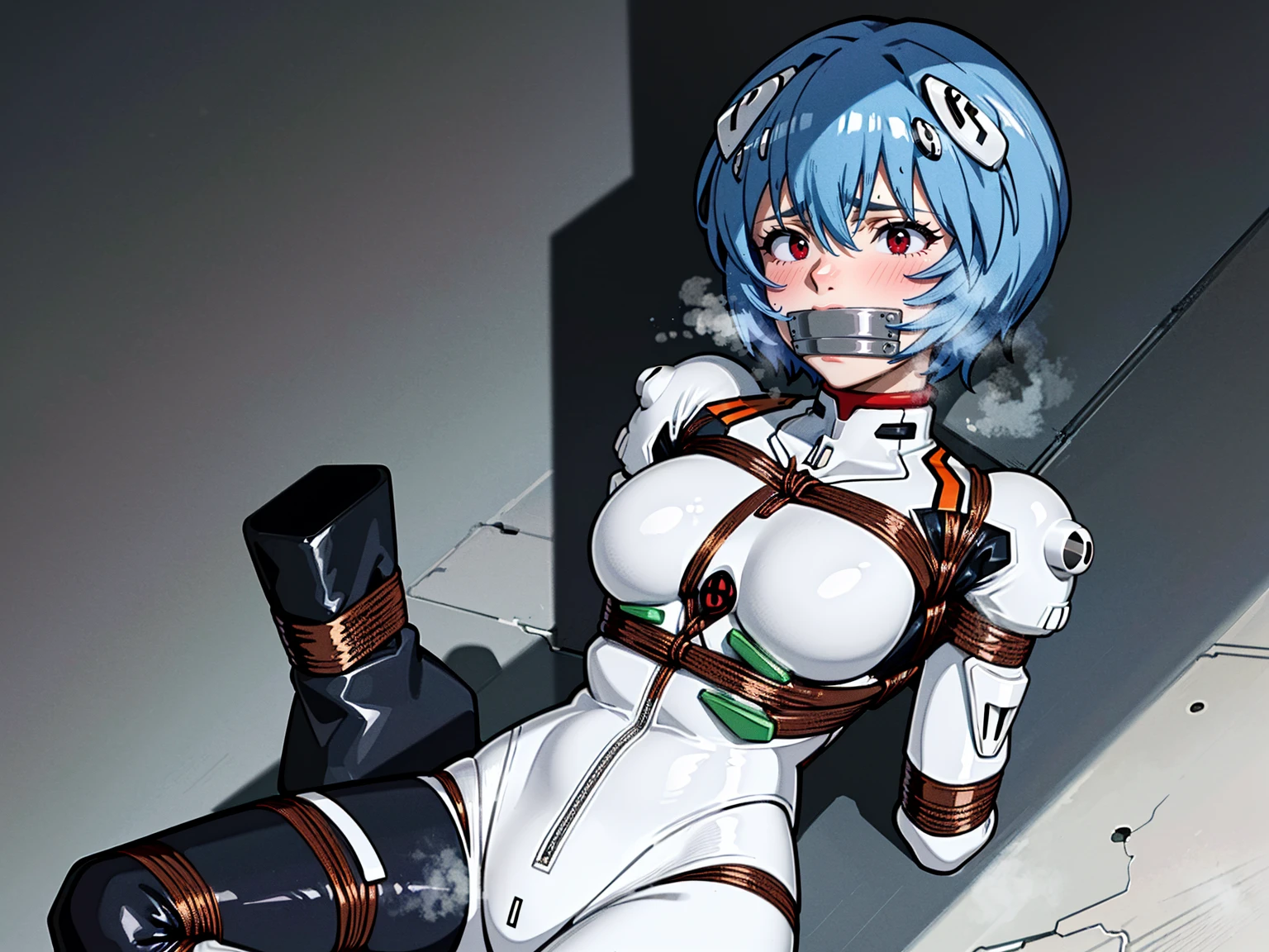 ((Highest quality, 8k wallpaper)),(masterpiece, Highest quality),Very detailed,High resolution,(Official Art:1.3),(((Anime screenshots,Black outline))),One girl,alone, Break mer1,(Rei Ayanami {Neon Genesis Evangelion,}1.2),masterpiece, best quality, outdoor, 1girl, Solo,red eyes,short hair,blue hair, (White plug suit:1.4), skin tight,(Tired look, A look of regret, Struggled, Half-closed eyes, fear, humiliation, Frightened, anxiety:1.3),(((Covered in sweat, Mass sweat, Sweating profusely,steam:1.7))), (lying face down, Lying on stomach, arms behind back:1.8), (Dirty Costume with mud,gym storeroom:1.5),(((dirty:1.4))),(((Tape Gag:1.4))),(((tape, gagged, bondage,  bound, Tape shibari:1.4))),