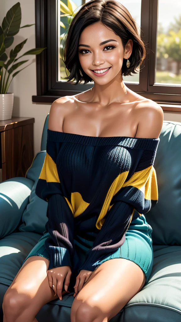 "prompt": "A woman with short black hair is sitting on a sofa, wearing a colorful off-shoulder knit that reaches her knees. She is radiating the best smile, exuding warmth and happiness. The scene is set in a cozy living room with soft lighting, highlighting her joyful expression. The knit is vibrant and detailed, adding a pop of color to the setting. The overall atmosphere is cheerful and inviting, capturing a moment of pure joy and comfort.",