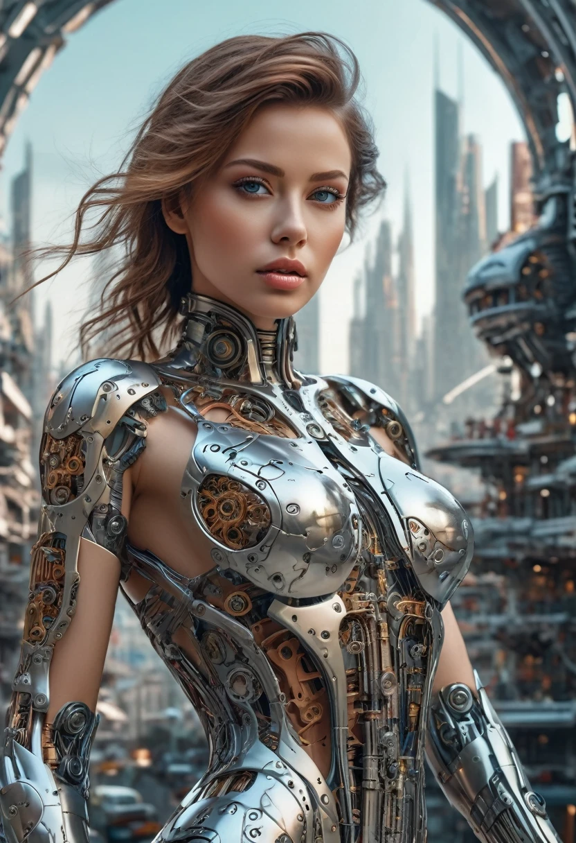 A beautiful woman standing in the background of a futuristic city, Intricate mechanical parts and delicate, Beautiful human figure, Magnificent anatomy and physique, 1/2 Body cutting, (best quality, 4K, 8K, high resolution, masterpiece:1.2), Extremely detailed,(Practical, photoPractical, photo-Practical:1.37), Human Development Report, (Intricate details:1.12), (Intricate details, Ultra Detail:1.15), (Natural skin texture, Surrealism, Soft Light, sharp:1.2)